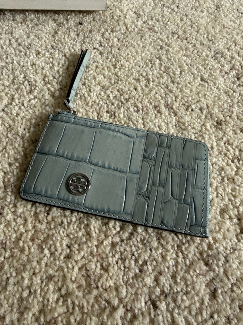 Tory Burch Gray Croc-Embossed Zip Card Holder with Logo